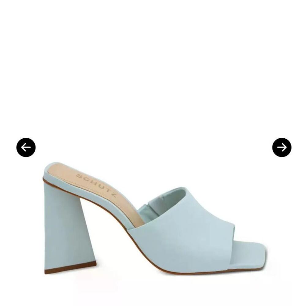Schutz | Lizah 4" Block-Heel Open Toe Leather Mule Sandals Soft Sky Blue Size 5